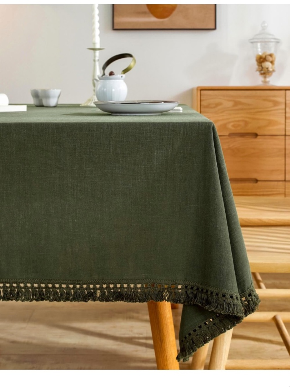 Olive Green Linen Tablecloth with Tassel Trim Rectangular 55x70”